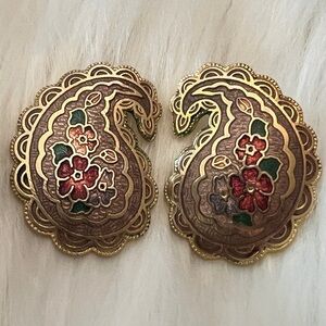 Elegant Cloisonné Gold and Red Floral Earrings, comfort rubber backings